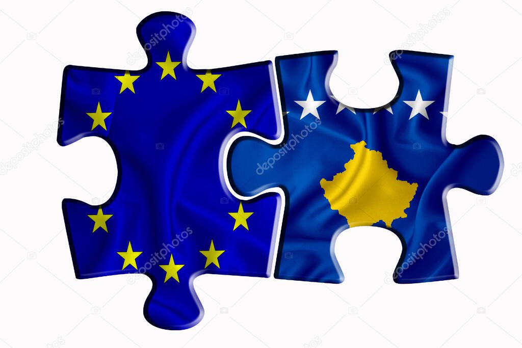 kosovo flag and European Union flag on two puzzle pieces on white isolated background. The concept of political relations. 3D rendering