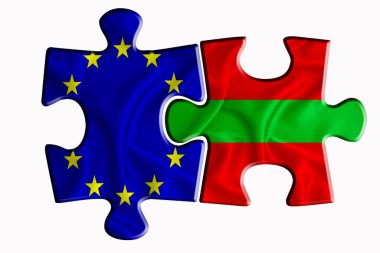 Transnistria bayrağı ve Avrupa Birliği bayrağı beyaz izole arkaplanda iki yapboz parçasında. Politik ilişkiler kavramı. 3B görüntüleme