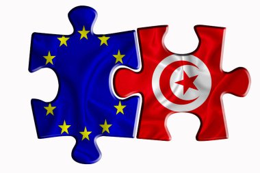 Tunus bayrağı ve Avrupa Birliği bayrağı beyaz izole arka planda iki yapboz parçasında. Politik ilişkiler kavramı. 3B görüntüleme
