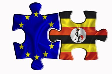Uganda bayrağı ve Avrupa Birliği bayrağı beyaz izole arka planda iki yapboz parçası üzerinde. Politik ilişkiler kavramı. 3B görüntüleme