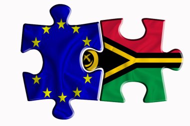 Vanuatu bayrağı ve Avrupa Birliği bayrağı beyaz izole arkaplanda iki yapboz parçasında. Politik ilişkiler kavramı. 3B görüntüleme