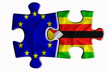 Zimbabwe bayrağı ve Avrupa Birliği bayrağı beyaz izole arka planda iki yapboz parçasında. Politik ilişkiler kavramı. 3B görüntüleme