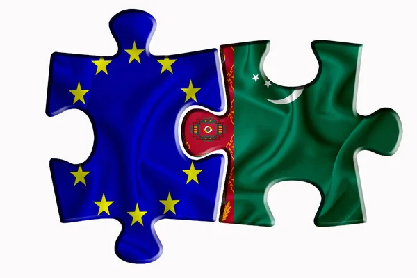 Bandiera Turkmenistan Bandiera Dell Unione Europea Due Pezzi Puzzle Sfondo — Foto Stock