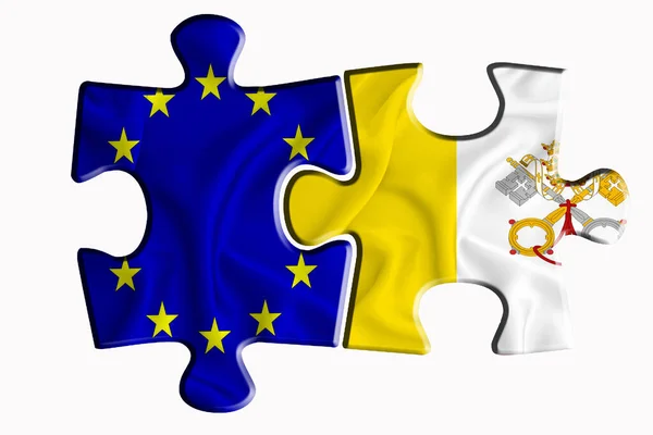 Drapelul Vaticanului Drapelul Uniunii Europene Două Piese Puzzle Fundal Alb — Fotografie, imagine de stoc