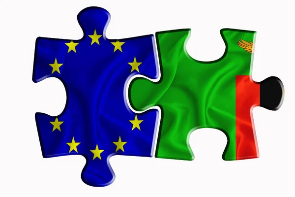 赞比亚国旗和欧盟国旗在白色孤立背景上的两个拼图上 政治关系的概念 3D渲染 — 图库照片