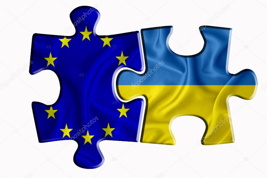 Ukraine flag and European Union flag on two puzzle pieces on white isolated background. The concept of political relations. 3D rendering