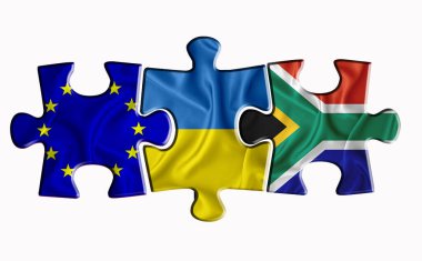 Ukrayna, Rusya, beyaz izole edilmiş arka planda üç yapboz parçasında Güney Afrika bayraklarına son verdi. Politik ilişkiler kavramı. 3B görüntüleme