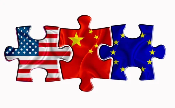 China Vlaggen Drie Puzzelstukjes Een Witte Geïsoleerde Achtergrond Het Concept — Stockfoto