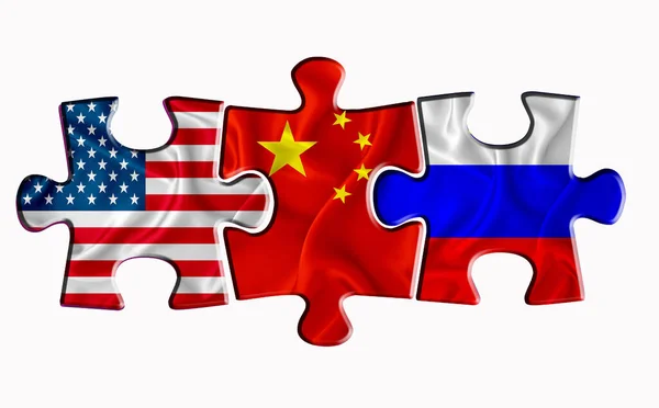 Usa China Rusland Vlag Drie Puzzelstukjes Een Witte Geïsoleerde Achtergrond — Stockfoto