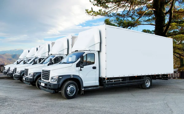 Some trucks are parked in a parking lot next to a logistics warehouse by the river. Several trucks are lined up in the parking lot. Logistic transport