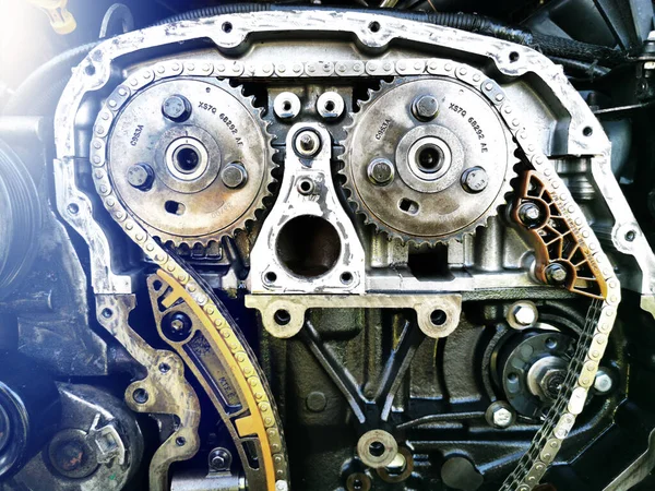Motor Coche Desmontado Durante Reparación Primer Plano Una Vista Explotada — Foto de Stock