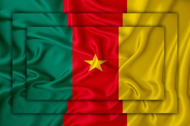 Arka plan dokusunda kamerun bayrağı. Birbirine üç bayrak çekiliyor. Tasarım çözümleri kavramı. 3 Boyutlu Hazırlama