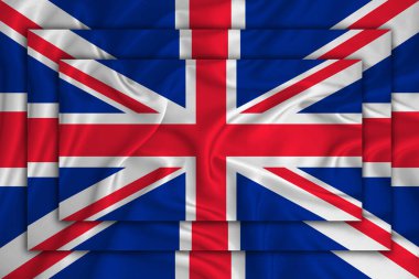 Arkaplan dokusunda Büyük Britanya bayrağı. Birbirine üç bayrak çekiliyor. Tasarım çözümleri kavramı. 3 Boyutlu Hazırlama
