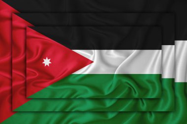 Arka planda Jordan bayrağı. Birbirine üç bayrak çekiliyor. Tasarım çözümleri kavramı. 3 Boyutlu Hazırlama