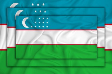 Özbekistan bayrağı arka plan dokusunda. Birbirine üç bayrak çekiliyor. Tasarım çözümleri kavramı. 3 Boyutlu Hazırlama