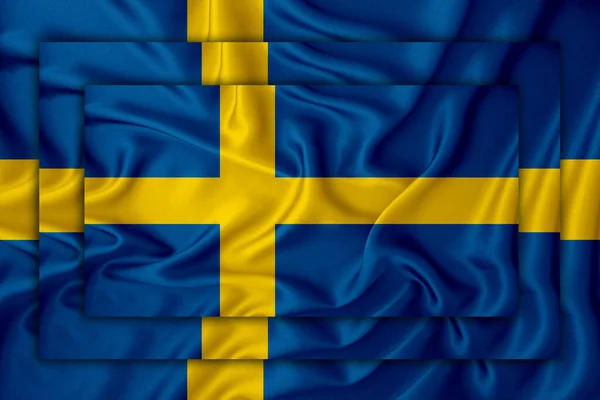 スウェーデンの国旗を背景の質感で 3つの旗が重ねられている デザインソリューションのコンセプト 3Dレンダリング — ストック写真