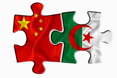 Cezayir bayrağı ve Amerika 'nın Çin bayrağı beyaz izole arka planda iki yapboz parçasında. Politik ilişkiler kavramı. 3B görüntüleme