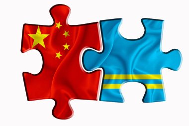 Aruba bayrağı ve Amerika 'nın Çin bayrağı beyaz izole arka planda iki yapboz parçasında. Politik ilişkiler kavramı. 3B görüntüleme