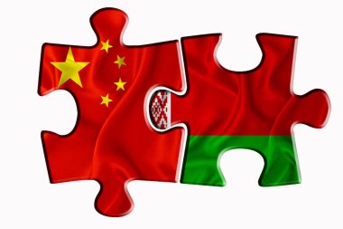 Beyaz bayrak ve Amerika 'nın Çin bayrağı beyaz izole arka planda iki yapboz parçasına bayrak çekiyorlar. Politik ilişkiler kavramı. 3B görüntüleme