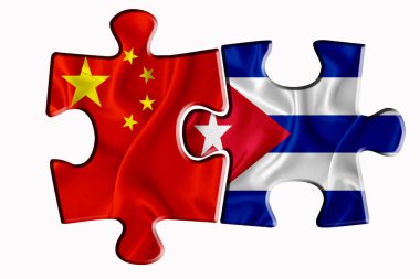 Küba bayrağı ve Amerika 'nın Çin bayrağı beyaz izole edilmiş arka planda iki yapboz parçasında. Politik ilişkiler kavramı. 3B görüntüleme