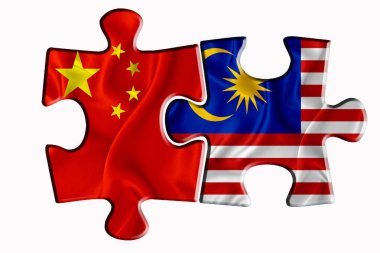 Beyaz izole edilmiş arka planda iki yapboz parçasında Malezya bayrağı ve Amerika 'nın Çin bayrağı. Politik ilişkiler kavramı. 3B görüntüleme