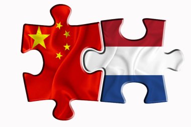 Hollanda bayrağı ve Amerika 'nın Çin bayrağı, beyaz izole edilmiş arka planda iki yapboz parçasında. Politik ilişkiler kavramı. 3B görüntüleme