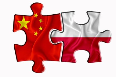 Polonya bayrağı ve Amerika 'nın Çin bayrağı, beyaz izole edilmiş arka planda iki yapboz parçasında. Politik ilişkiler kavramı. 3B görüntüleme