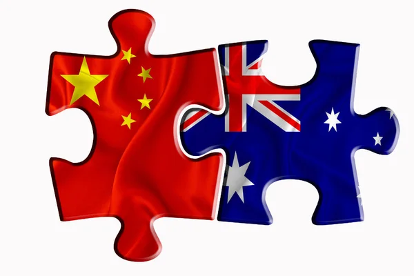 Australië Vlag China Van Amerika Vlag Twee Puzzelstukjes Witte Geïsoleerde — Stockfoto