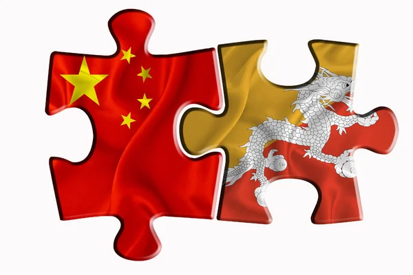Bhutan Flag China America Flag Two Puzzle Pieces White Isolated — Stock Photo, Image