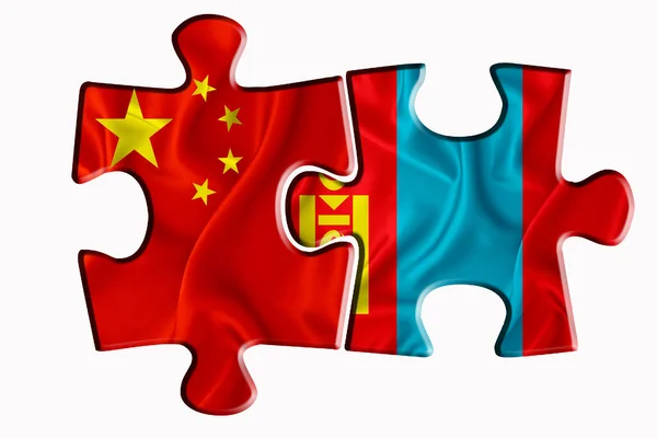 Bandeira Mongólia Bandeira China América Duas Peças Quebra Cabeça Sobre — Fotografia de Stock