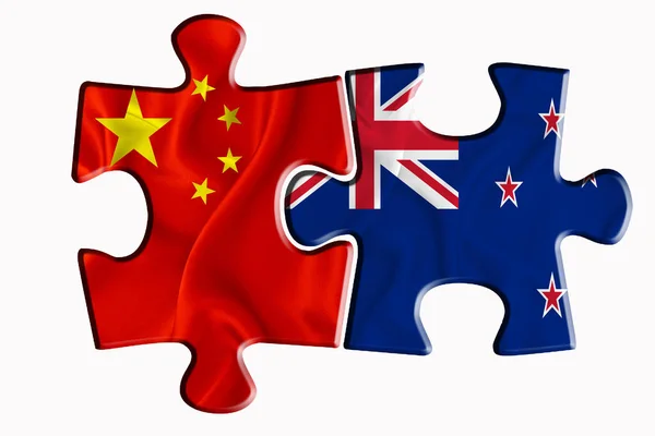 New Zealand Flag China America Flag Two Puzzle Pieces White — Stock Photo, Image