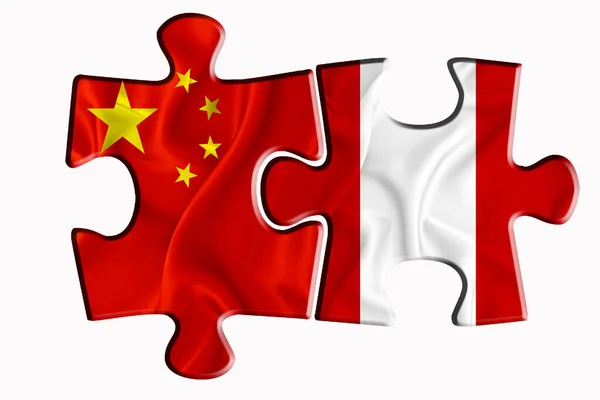 Peru Vlag China Van Amerika Vlag Twee Puzzelstukjes Witte Geïsoleerde — Stockfoto