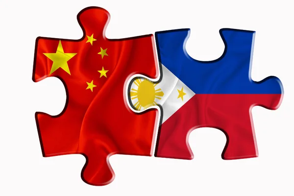 フィリピンの旗と中国のアメリカの国旗は 白い孤立した背景の上に2つのパズルピースに描かれている 政治的関係の概念 3Dレンダリング — ストック写真