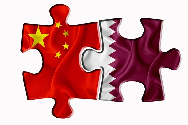 Qatar Vlag China Van Amerika Vlag Twee Puzzelstukjes Witte Geïsoleerde — Stockfoto