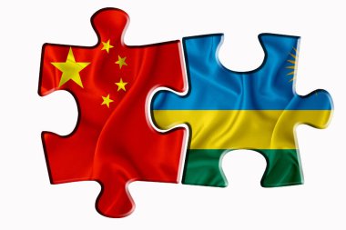 Ruanda bayrağı ve Amerika 'nın Çin bayrağı beyaz izole edilmiş arka planda iki yapboz parçasında. Politik ilişkiler kavramı. 3B görüntüleme