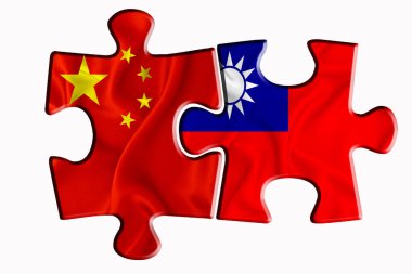 Tayvan bayrağı ve Amerika 'nın Çin bayrağı beyaz izole arka planda iki yapboz parçasında. Politik ilişkiler kavramı. 3B görüntüleme