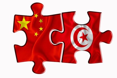 Tunus bayrağı ve Amerika 'nın Çin bayrağı beyaz izole arka planda iki yapboz parçasında. Politik ilişkiler kavramı. 3B görüntüleme