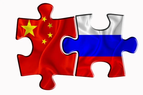 Russia Flag China America Flag Two Puzzle Pieces White Isolated — Stock Photo, Image