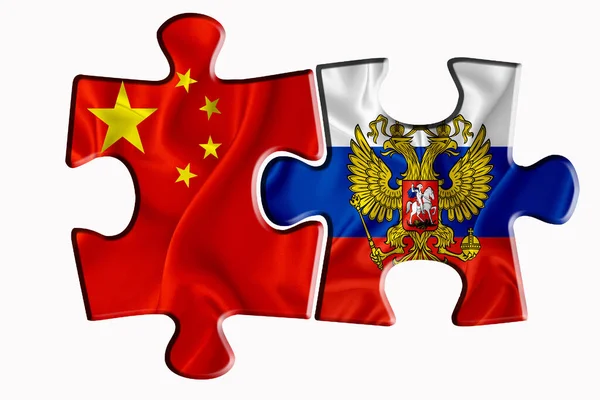 白い隔離された背景の2つのパズルピースにロシアの旗とアメリカの旗の中国 政治的関係の概念 3Dレンダリング — ストック写真