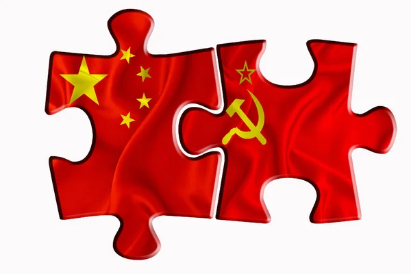 Ussr Flag China America Flag Two Puzzle Pieces White Isolated — Stock Photo, Image