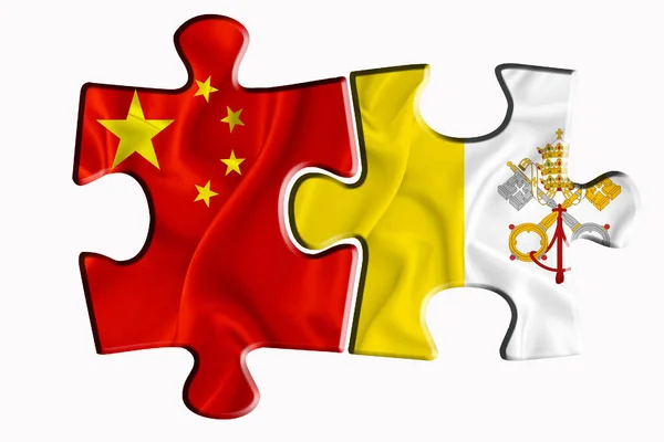 Vatikanens Flagga Och Kina Amerika Flagga Två Pusselbitar Vit Isolerad Stockbild