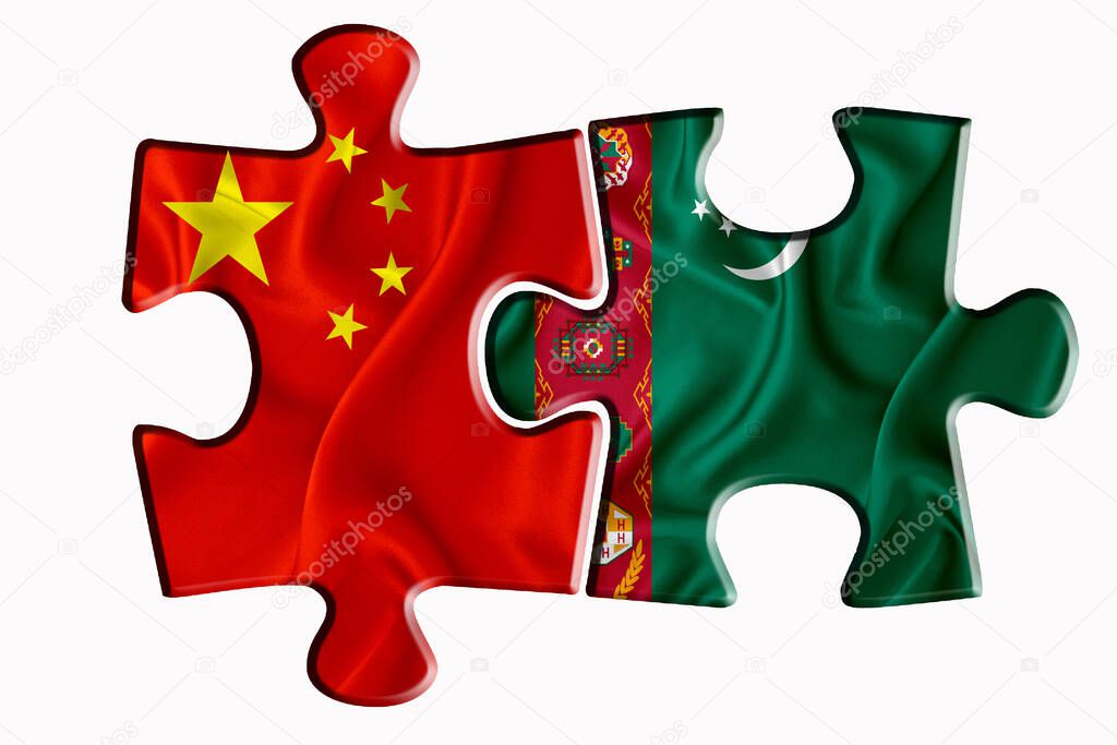 turkmenistan flag and China of America flag on two puzzle pieces on white isolated background. The concept of political relations. 3D rendering