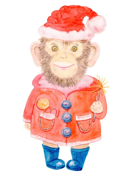 お菓子と新年のスーツで笑顔の猿を印刷します。クリスマス カード — ストックベクタ
