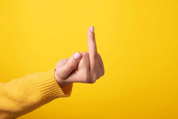 Hand Sign Showing Middle Finger Rude Way Meaning Fuck Yellow — Fotografia de Stock