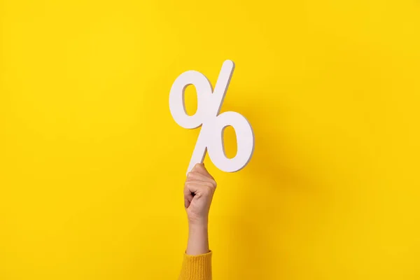 Woman Hand Holding White Percentage Sign Yellow Background — Stock Photo, Image