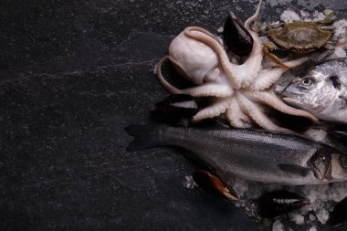 Mermer masada çeşitli çiğ deniz ürünleri, metin için alanı olan maket resim