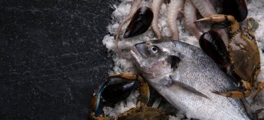 Mermer masada sunulan taze deniz ürünleri, üst manzara, panoramik maket.