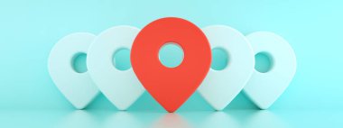 3d pimleri ilki kırmızı, konum haritası sembolü 3d mavi arkaplan panoramik modeli üzerinde oluşturulur