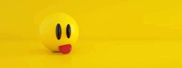 Emoticono Con Lengua Sobre Fondo Amarillo Representación Imagen Panorámica — Foto de Stock