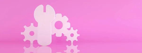 Wrench Gear Icon Pink Background Repair Concept Render Panoramic Mock — Stock Photo, Image